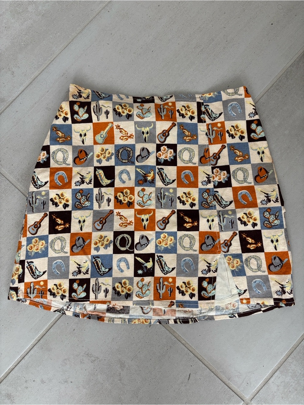 Urban Outfitters Western Motif Patchwork Mini Skirt in Tan, Blue & Black